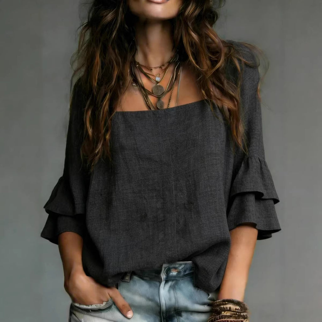 Square-neck Flared Three-quarter-sleeve Casual Shirt by Ricaloux