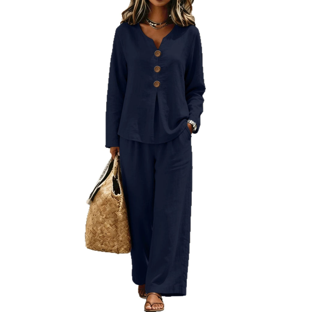 Womens Casual Buttoned V-Neck Long-Sleeve Top And Pants Set – Premium 0 | RICALOUX