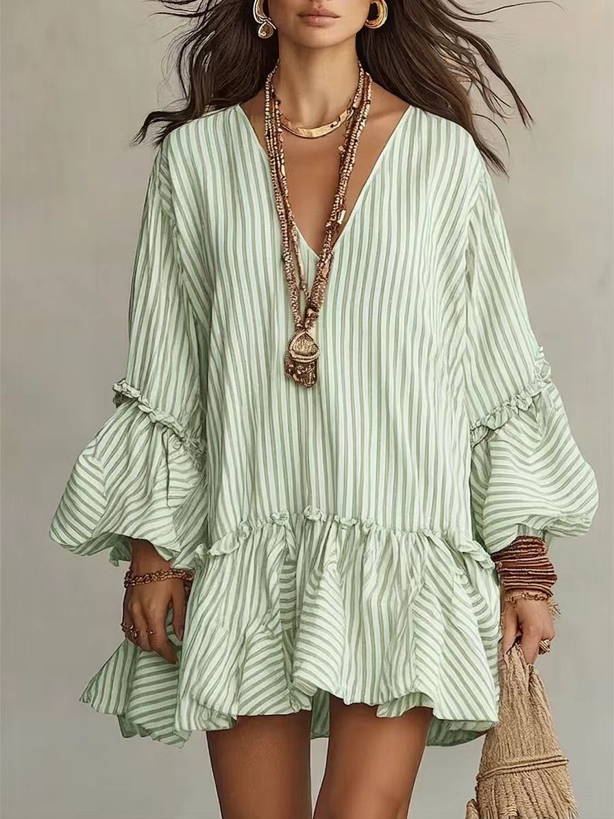 Womens Striped Print V-Neck Long-Sleeve Dress by Ricaloux